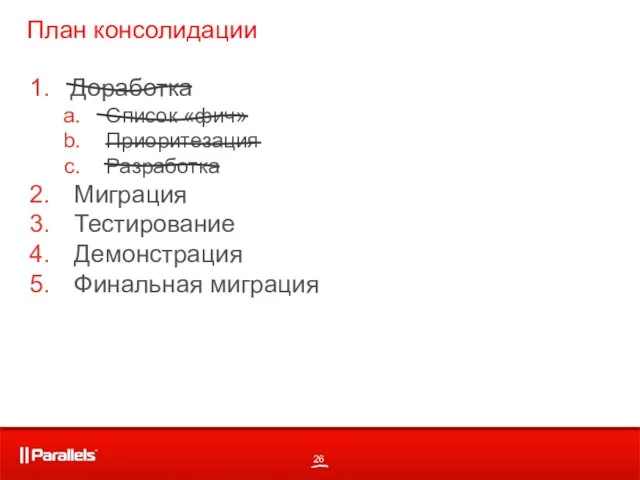 План консолидации Доработка Список «фич» Приоритезация Разработка Миграция Тестирование Демонстрация Финальная миграция