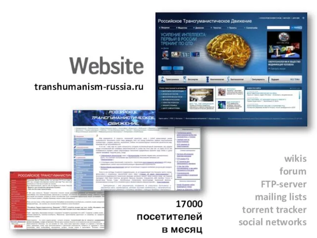 transhumanism-russia.ru 17000 посетителей в месяц wikis forum FTP-server mailing lists torrent tracker social networks