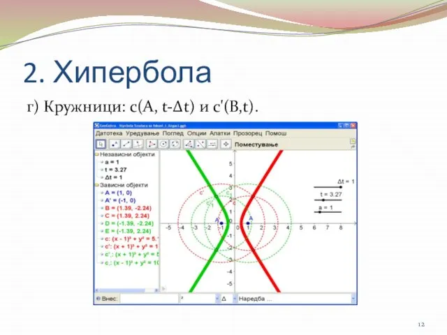 2. Хипербола г) Кружници: c(A, t-Δt) и c'(B,t).