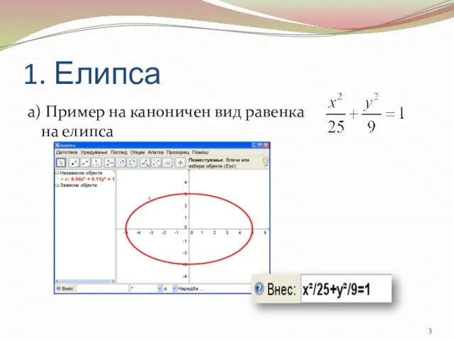 1. Елипса а) Пример на каноничен вид равенка на елипса