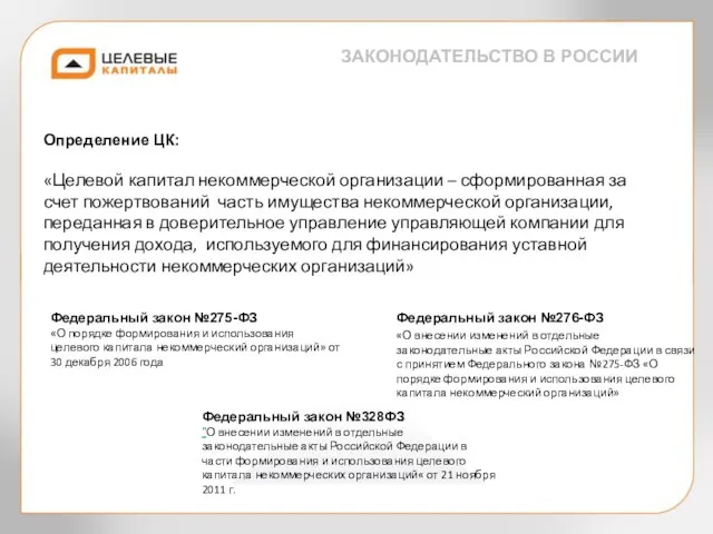 Определение ЦК: ЗАКОНОДАТЕЛЬСТВО В РОССИИ «Целевой капитал некоммерческой организации – сформированная за