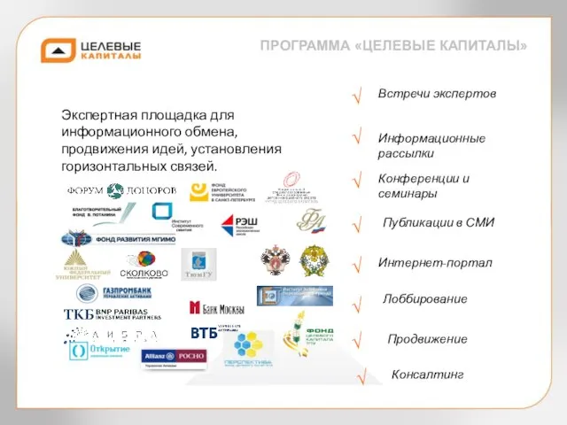 ПРОГРАММА «ЦЕЛЕВЫЕ КАПИТАЛЫ» Встречи экспертов Экспертная площадка для информационного обмена, продвижения идей,