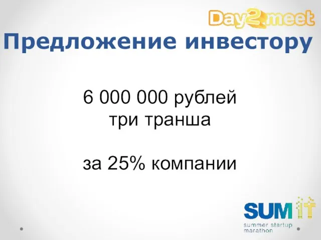 Предложение инвестору 6 000 000 рублей три транша за 25% компании