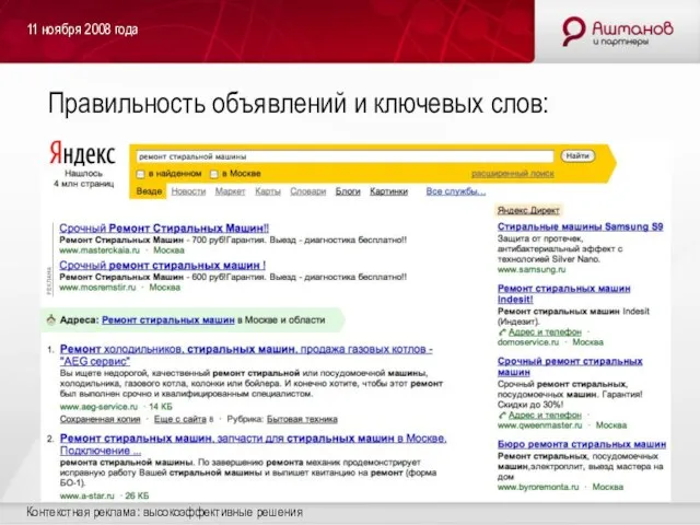 11 ноября 2008 года Контекстная реклама: высокоэффективные решения Правильность объявлений и ключевых слов: