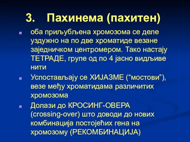 Пахинема (пахитен) оба приљубљена хромозома се деле уздужно на по две хроматиде