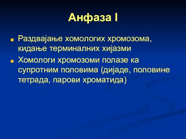 Анфаза I Раздвајање хомологих хромозома, кидање терминалних хијазми Хомологи хромозоми полазе ка