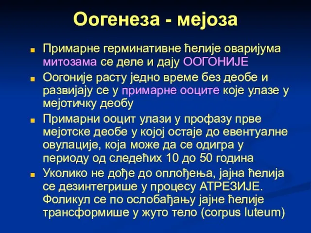 Оогенеза - мејоза Примарне герминативне ћелије оваријума митозама се деле и дају