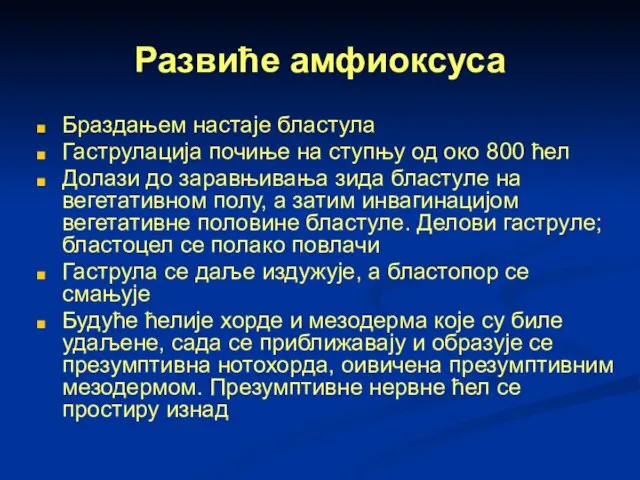 Развиће амфиоксуса Браздањем настаје бластула Гаструлација почиње на ступњу од око 800