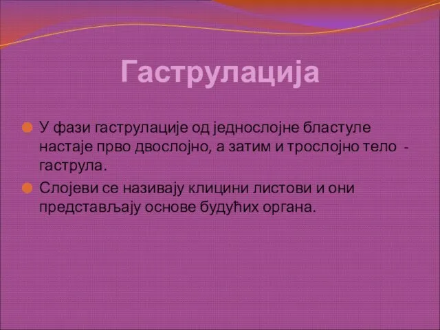 Гаструлација У фази гаструлације од једнослојне бластуле настаје прво двослојно, а затим