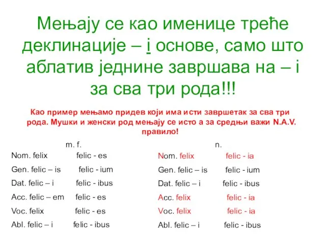 Мењају се као именице треће деклинације – i основе, само што аблатив