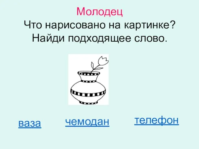 Молодец Что нарисовано на картинке? Найди подходящее слово. ваза чемодан телефон