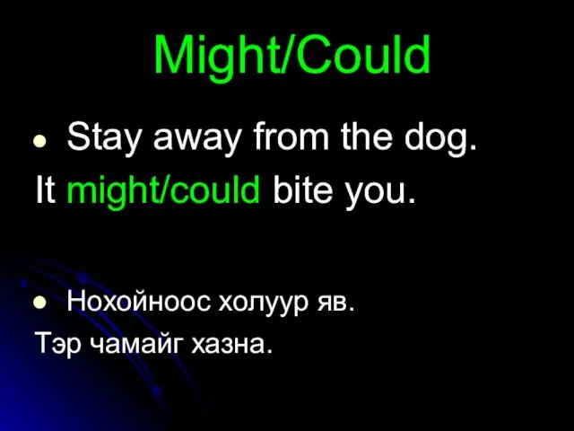 Might/Could Stay away from the dog. It might/could bite you. Нохойноос холуур яв. Тэр чамайг хазна.