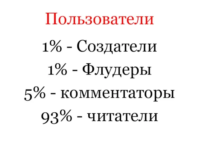 Пользователи 1% - Создатели 1% - Флудеры 5% - комментаторы 93% - читатели
