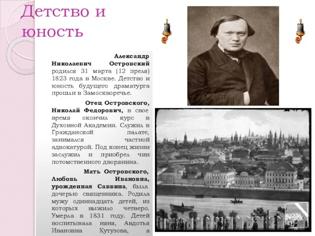 Детство и юность Александр Николаевич Островский родился 31 марта (12 преля) 1823