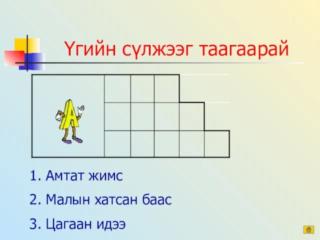 1. Амтат жимс 2. Малын хатсан баас 3. Цагаан идээ Үгийн сүлжээг таагаарай