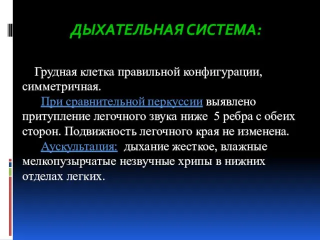 ДЫХАТЕЛЬНАЯ СИСТЕМА: Грудная клетка правильной конфигурации, симметричная. При сравнительной перкуссии выявлено притупление