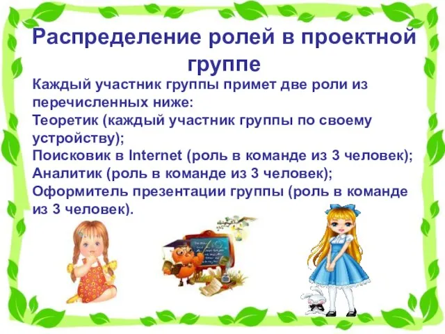 Распределение ролей в проектной группе Каждый участник группы примет две роли из