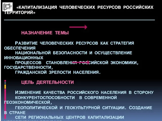 «КАПИТАЛИЗАЦИЯ ЧЕЛОВЕЧЕСКИХ РЕСУРСОВ РОССИЙСКИХ ТЕРРИТОРИЙ» _____________________________________________________________ НАЗНАЧЕНИЕ ТЕМЫ РАЗВИТИЕ ЧЕЛОВЕЧЕСКИХ РЕСУРСОВ КАК