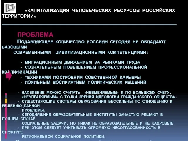 «КАПИТАЛИЗАЦИЯ ЧЕЛОВЕЧЕСКИХ РЕСУРСОВ РОССИЙСКИХ ТЕРРИТОРИЙ» _____________________________________________________________ ПРОБЛЕМА ПОДАВЛЯЮЩЕЕ КОЛИЧЕСТВО РОССИЯН СЕГОДНЯ НЕ