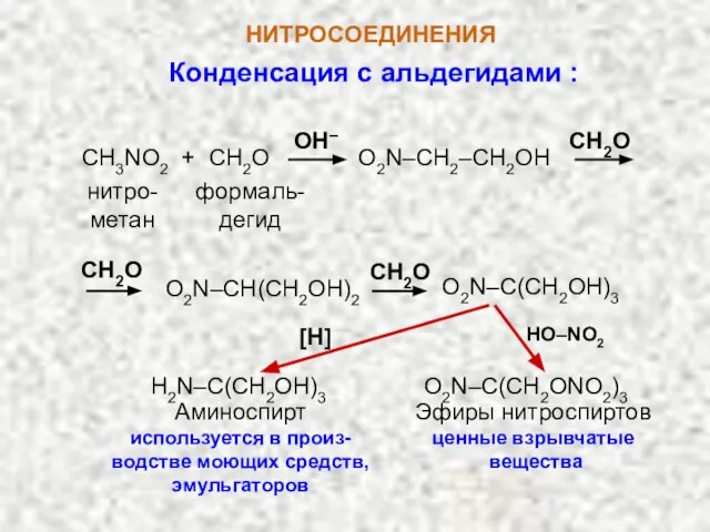 НИТРОСОЕДИНЕНИЯ Конденсация с альдегидами : CH3NO2 + CH2O O2N–CH2–CH2OH CH2O нитро-метан формаль-