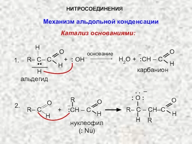 НИТРОСОЕДИНЕНИЯ Механизм альдольной конденсации Катализ основаниями: основание R– C– C O H