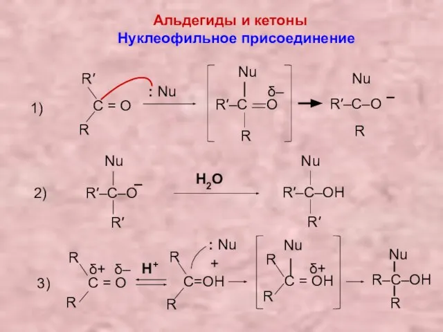 Альдегиды и кетоны Нуклеофильное присоединение 1) C = О R R′ R′–C