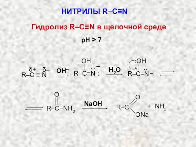 НИТРИЛЫ R–C≡N Гидролиз R–C≡N в щелочной среде R–C=N : OH . .