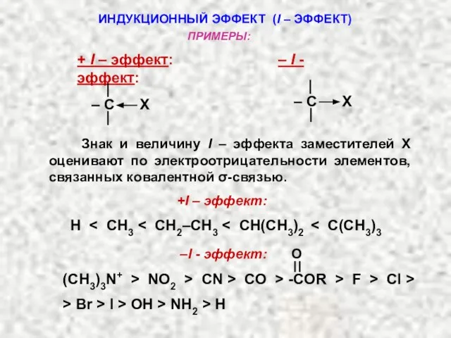 ИНДУКЦИОННЫЙ ЭФФЕКТ (I – ЭФФЕКТ) + I – эффект: – I -