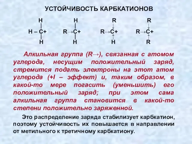 Алкильная группа (R→), связанная с атомом углерода, несущим положительный заряд, стремится подать