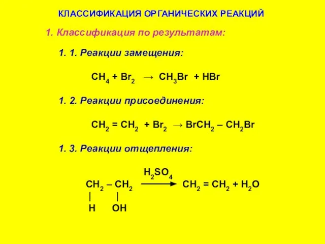 КЛАССИФИКАЦИЯ ОРГАНИЧЕСКИХ РЕАКЦИЙ 1. Классификация по результатам: 1. 1. Реакции замещения: CH4