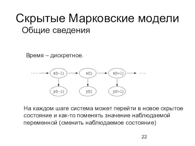 Скрытые Марковские модели На каждом шаге система может перейти в новое скрытое