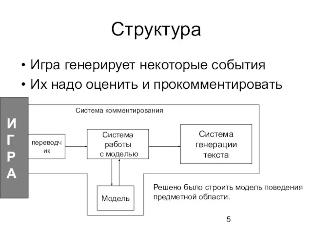 Структура Игра генерирует некоторые события Их надо оценить и прокомментировать Система работы