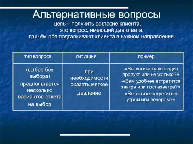 Альтернативные вопросы цель – получить согласие клиента. это вопрос, имеющий два ответа,