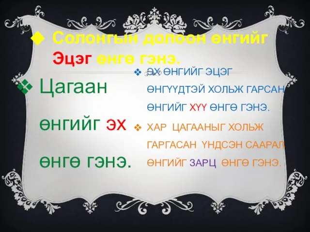 Цагаан өнгийг эх өнгө гэнэ. Солонгын долоон өнгийг Эцэг өнгө гэнэ. ЭХ