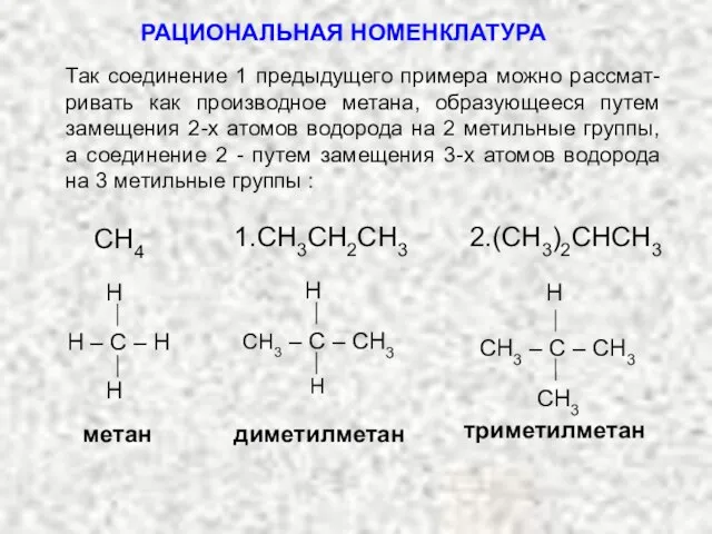 РАЦИОНАЛЬНАЯ НОМЕНКЛАТУРА CH3 – C – CH3 H метан диметилметан триметилметан H