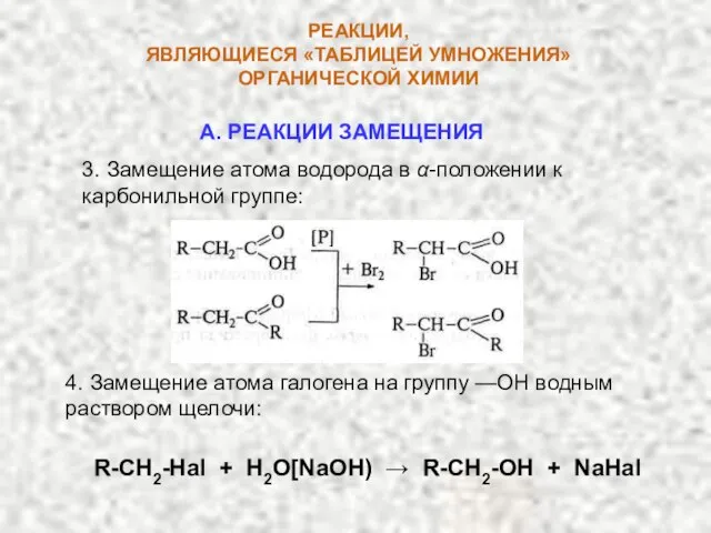 РЕАКЦИИ, ЯВЛЯЮЩИЕСЯ «ТАБЛИЦЕЙ УМНОЖЕНИЯ» ОРГАНИЧЕСКОЙ ХИМИИ 3. Замещение атома водорода в α-положении