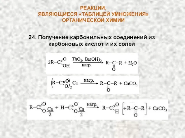РЕАКЦИИ, ЯВЛЯЮЩИЕСЯ «ТАБЛИЦЕЙ УМНОЖЕНИЯ» ОРГАНИЧЕСКОЙ ХИМИИ 24. Получение карбонильных соединений из карбоновых кислот и их солей