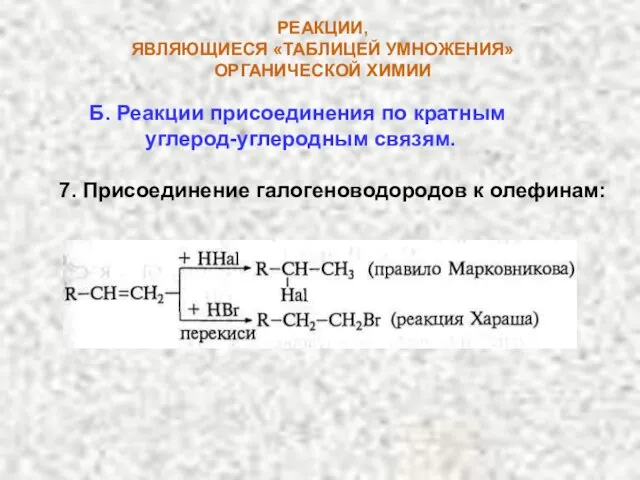 РЕАКЦИИ, ЯВЛЯЮЩИЕСЯ «ТАБЛИЦЕЙ УМНОЖЕНИЯ» ОРГАНИЧЕСКОЙ ХИМИИ Б. Реакции присоединения по кратным углерод-углеродным