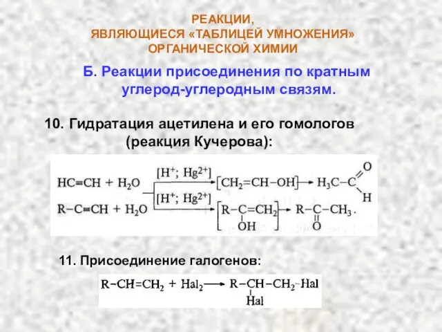 Б. Реакции присоединения по кратным углерод-углеродным связям. РЕАКЦИИ, ЯВЛЯЮЩИЕСЯ «ТАБЛИЦЕЙ УМНОЖЕНИЯ» ОРГАНИЧЕСКОЙ
