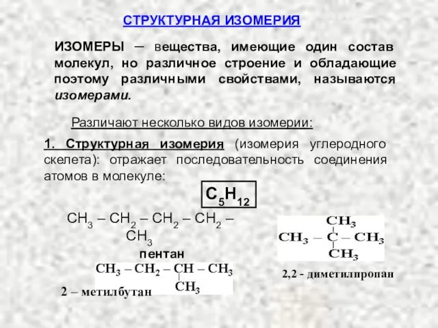 ИЗОМЕРЫ ─ вещества, имеющие один состав молекул, но различное строение и обладающие
