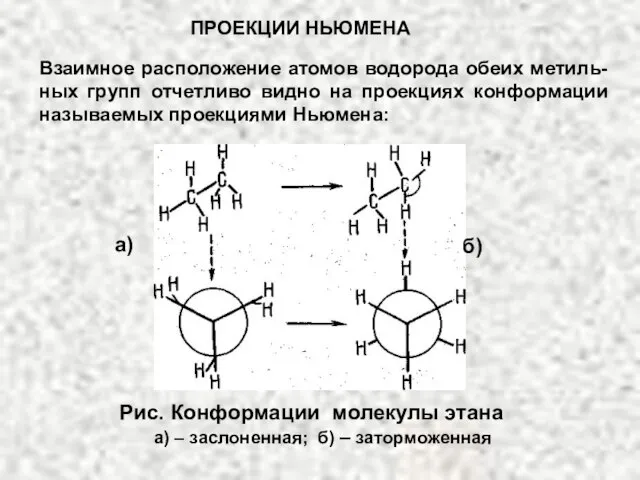 Рис. Конформации молекулы этана а) – заслоненная; б) – заторможенная Взаимное расположение