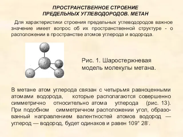 Рис. 1. Шаростержневая модель молекулы метана. В метане атом углерода связан с