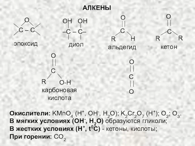 Окислители: KMnO4 (H+, OH-, H2O); K2Cr2O7 (H+); O2; O3. В мягких условиях