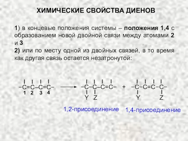 1,2-присоединение 1,4-присоединение Z Y + −C−C=C−C− Z Y −C−C–C=C− −C=C–C=C− ХИМИЧЕСКИЕ СВОЙСТВА