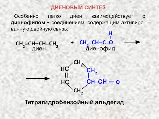 диенофил диен H + CH2=CH−C=O CH2=CH−CH=CH2 Тетрагидробензойный альдегид CH2 CH2 О HС