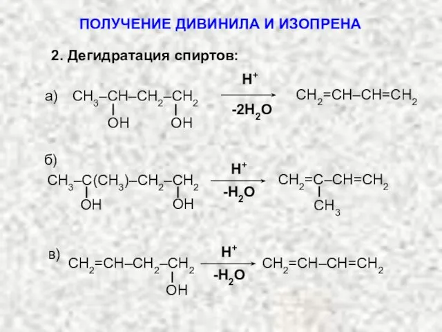 H+ -2H2O CH2=CH–CH=CH2 OH OH СH3–CH–CH2–CH2 а) -H2O CH3 CH2=C–CH=CH2 OH OH