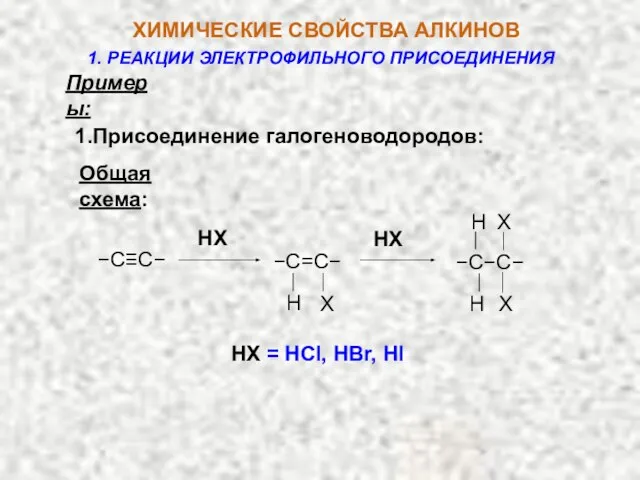 Примеры: 1.Присоединение галогеноводородов: Общая cхема: HX = HCl, HBr, HI HX HX