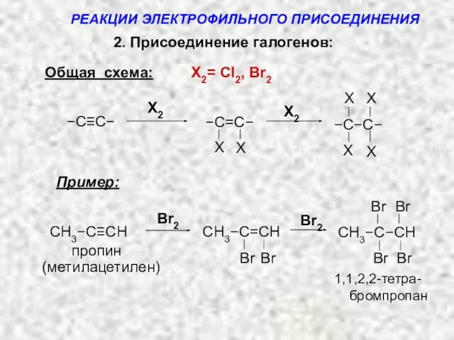 2. Присоединение галогенов: Общая схема: X2= Cl2, Br2 Пример: пропин 1,1,2,2-тетра- Br