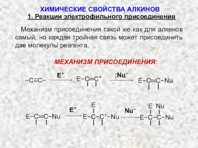 Механизм присоединения такой же как для алкенов самый, но каждая тройная связь