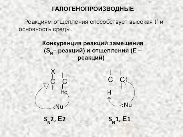 ГАЛОГЕНОПРОИЗВОДНЫЕ Реакциям отщепления способствует высокая t˚ и основность среды. Конкуренция реакций замещения